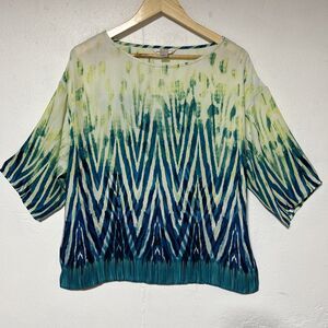 Christopher & Banks Womens Sheer Summer Shirt Top Sz L Short Sleeve Blue/Yellow